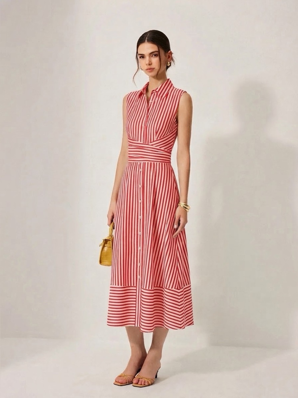 Commense Striped Collared Sleeveless Tie Waist Midi Dress